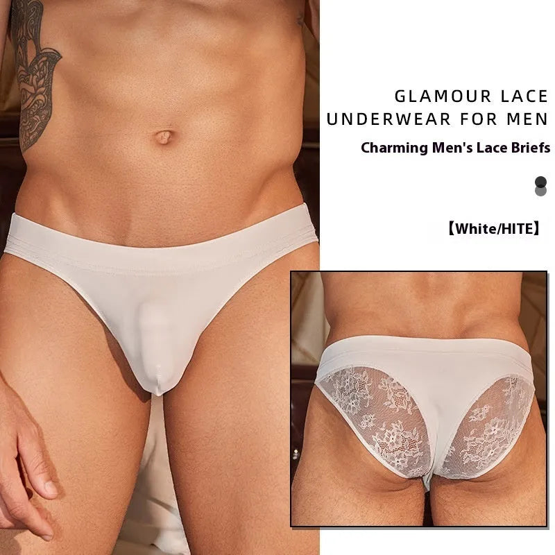 Men's black shark skin lace hipster briefs on a white background.