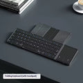 Black folding Bluetooth keyboard for mobile phones and tablets shown unfolded.