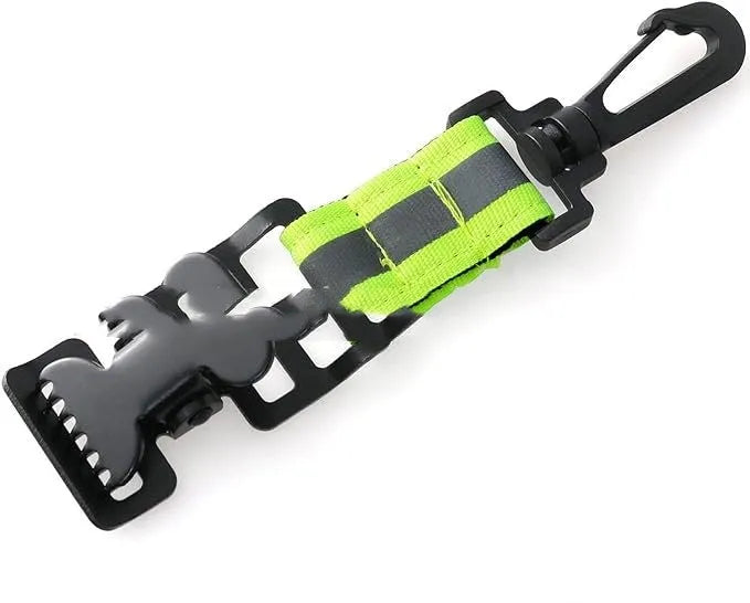 Fluorescent green metal safety clip with reflective tape for securing fireman gloves.