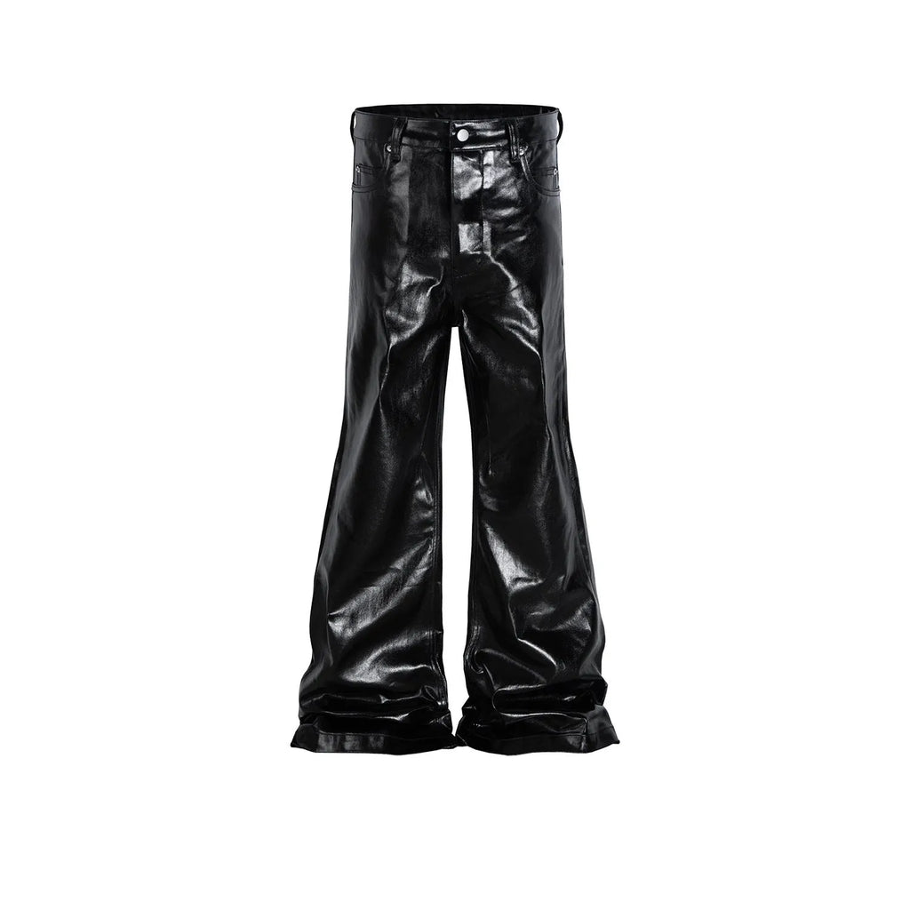 Black coated shiny patent leather-look skinny jeans in mid waist straight-leg style