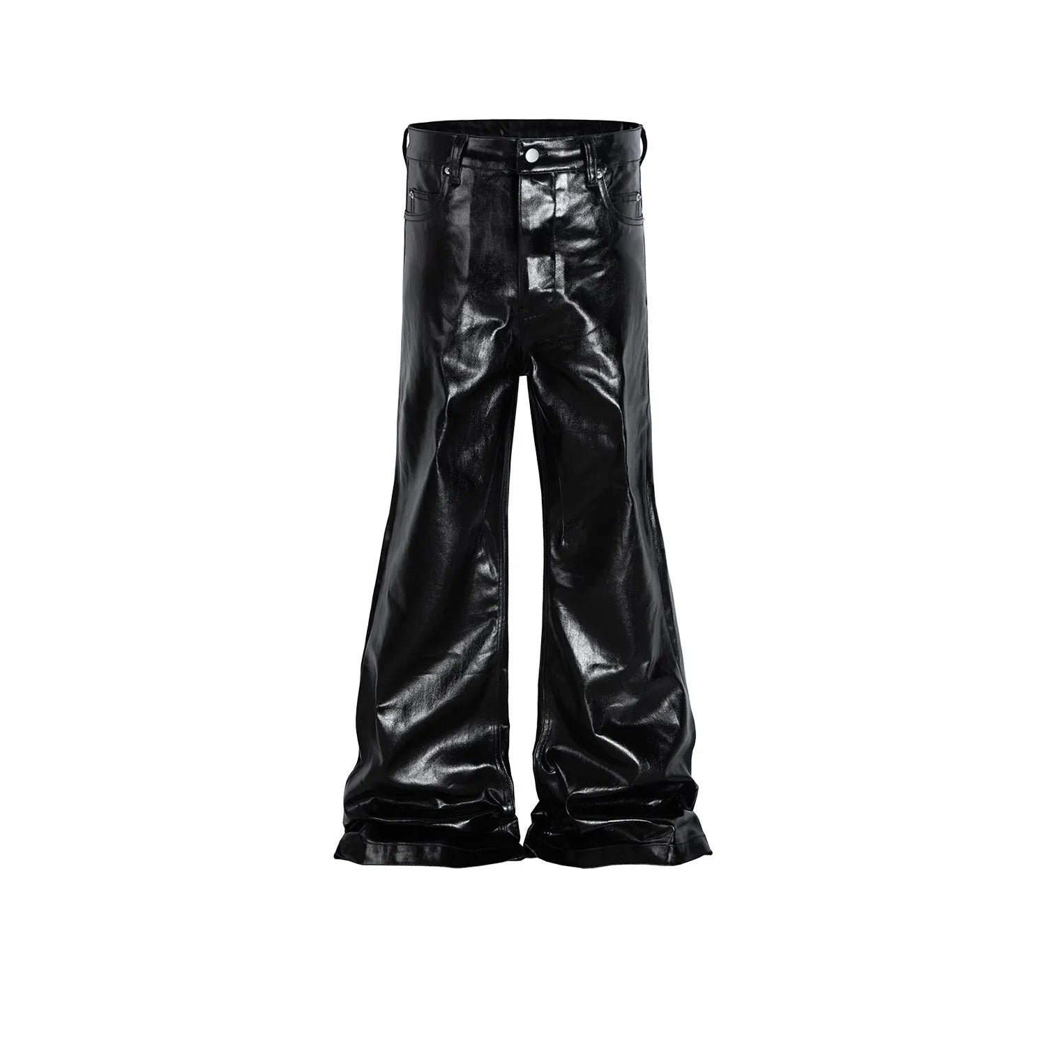 Black coated shiny patent leather-look skinny jeans in mid waist straight-leg style