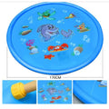 Blue PVC children's water spray mat with marine animal prints, measuring 100cm by 170cm