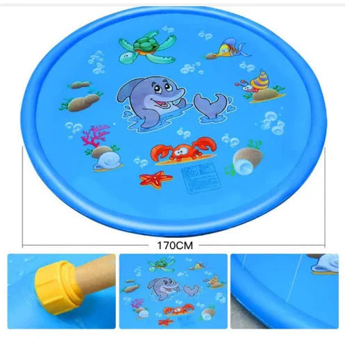 Blue PVC children's water spray mat with marine animal prints, measuring 100cm by 170cm