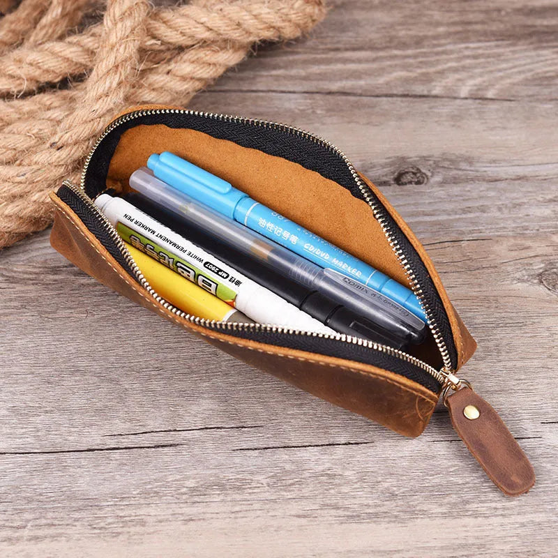 Genuine cowhide leather rectangular pencil case with zipper closure