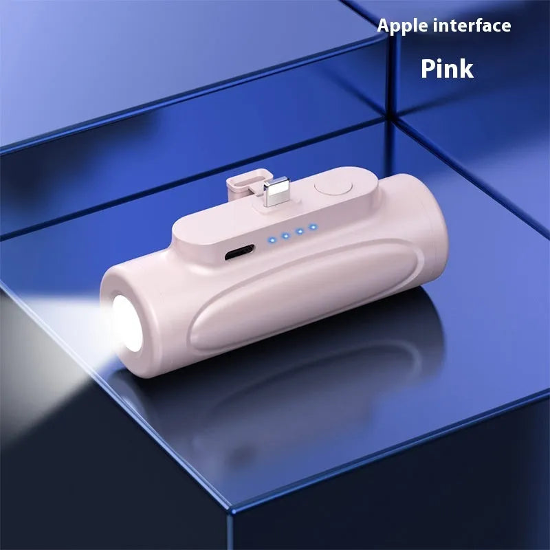 Black and pink creative power bank with glare flashlight showing Type-C and Apple port options.