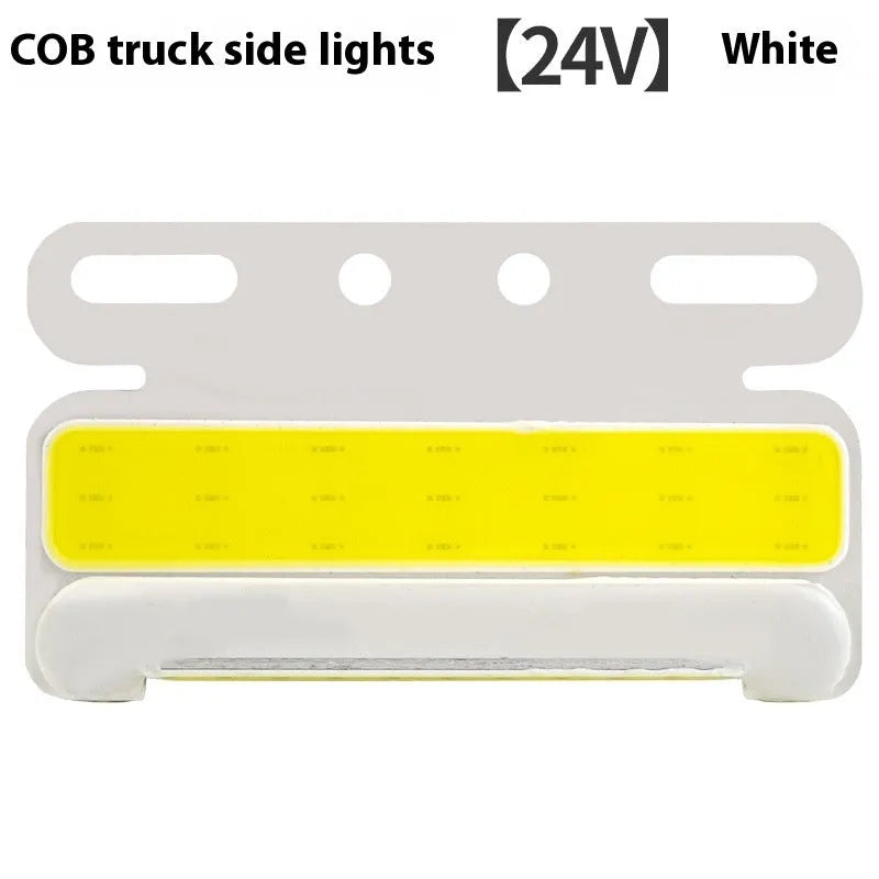 COB LED truck side light with grounded tyre light in aluminium alloy housing, shown in multiple colours.