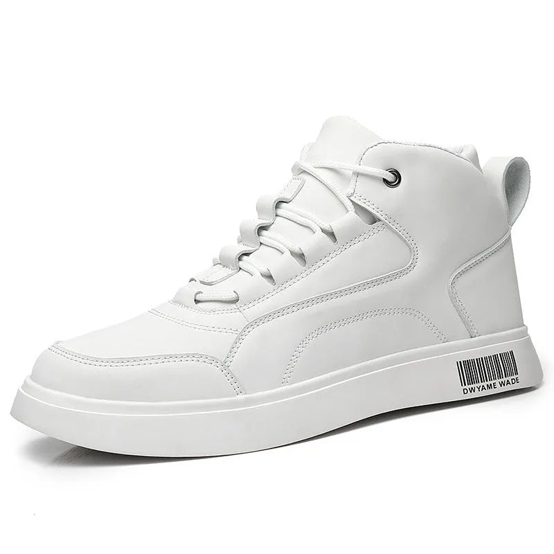 Men's white mid-top casual shoes with round toe, rubber sole, and front lace-up design on a plain background