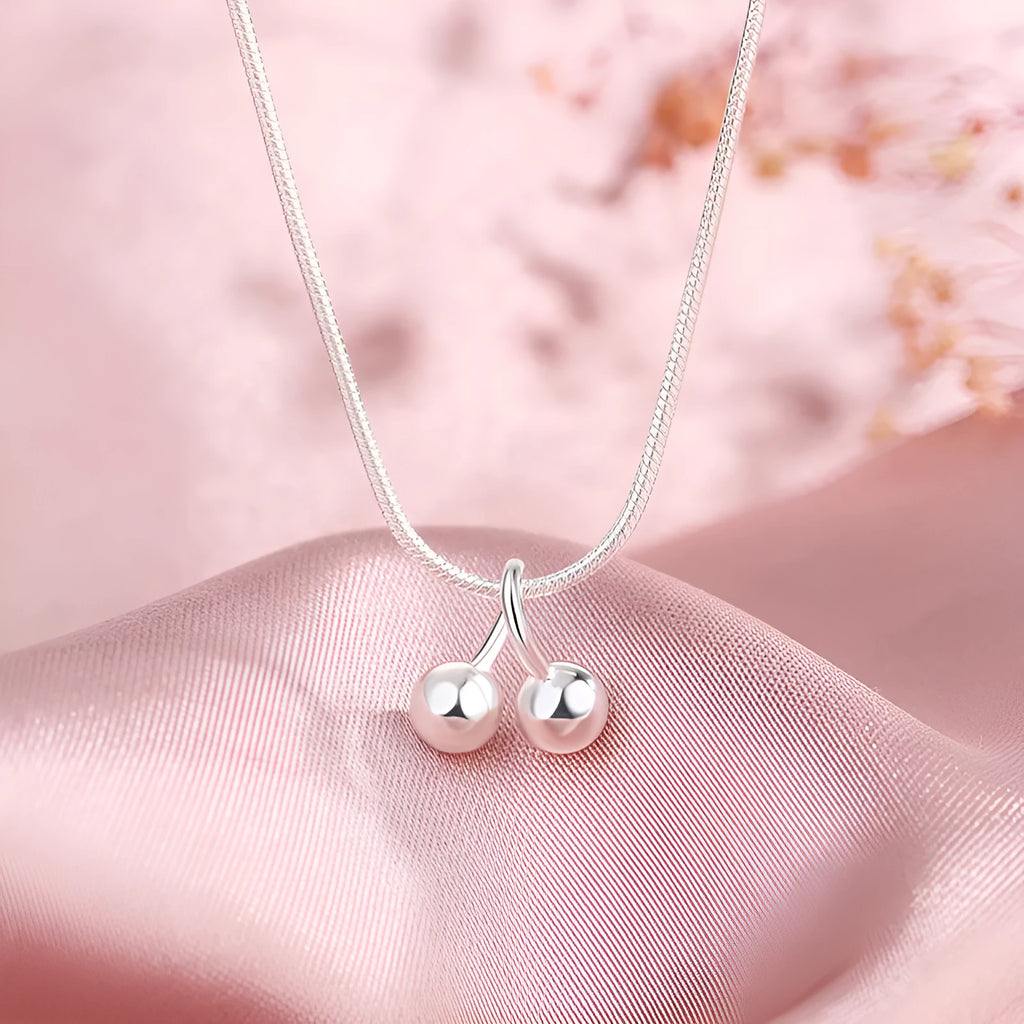 Silver cherry necklace with adjustable snake bones chain and fruit pendant