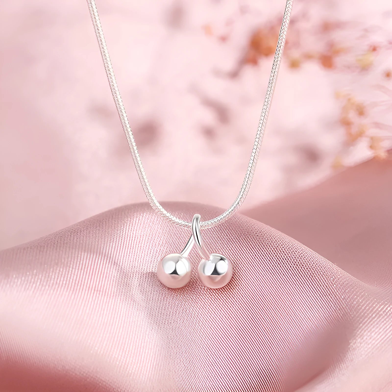 Silver cherry necklace with adjustable snake bones chain and fruit pendant
