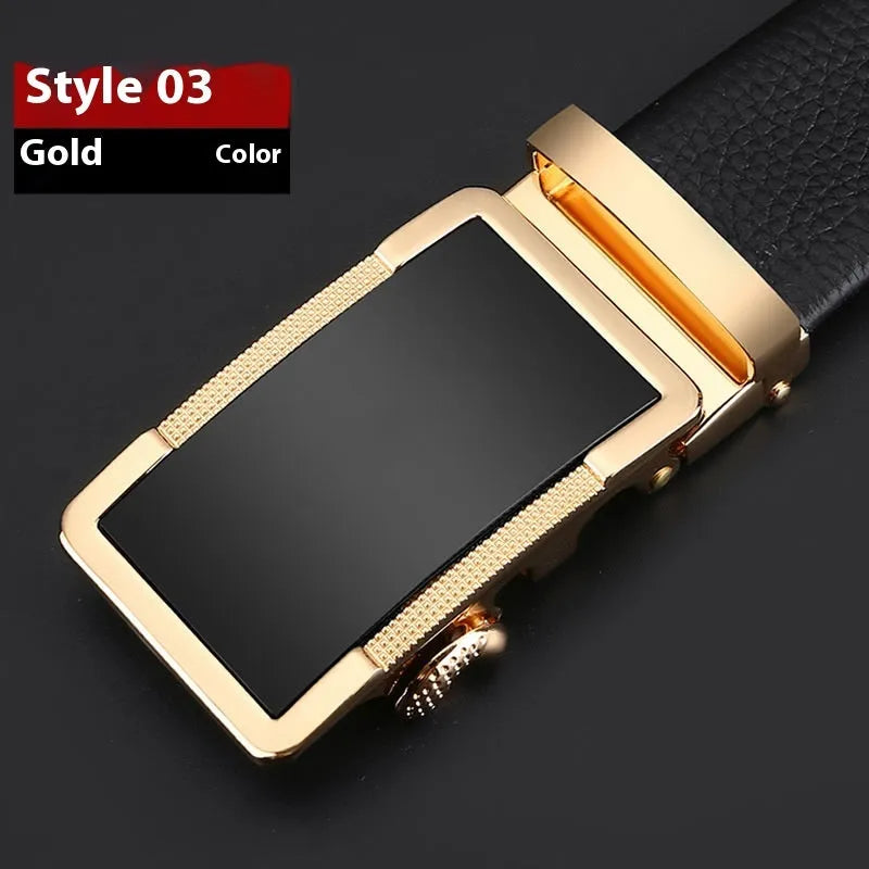 Men's leather automatic buckle belt in gold finish, showing the alloy Comfort Click fastener.