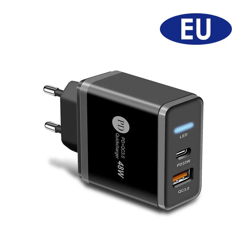 PD48W fast travel charger with UK standard three-pin plug and Type-C USB port