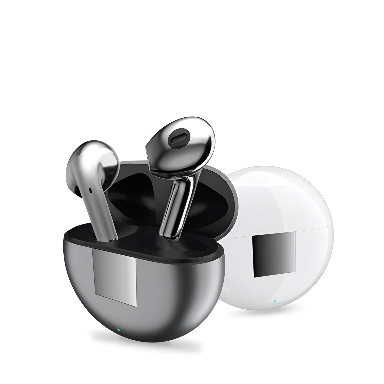 White Budz5 wireless Bluetooth earphones and their compact rectangular charging case on a table.