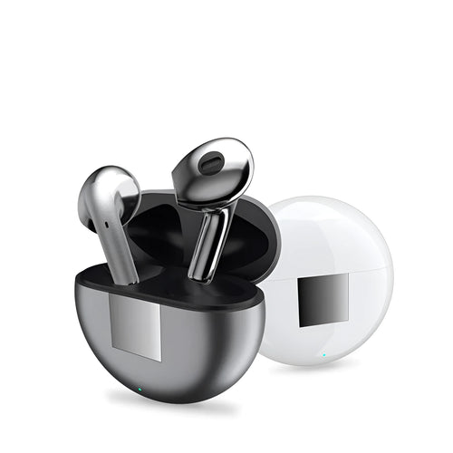 White Budz5 wireless Bluetooth earphones and their compact rectangular charging case on a table.