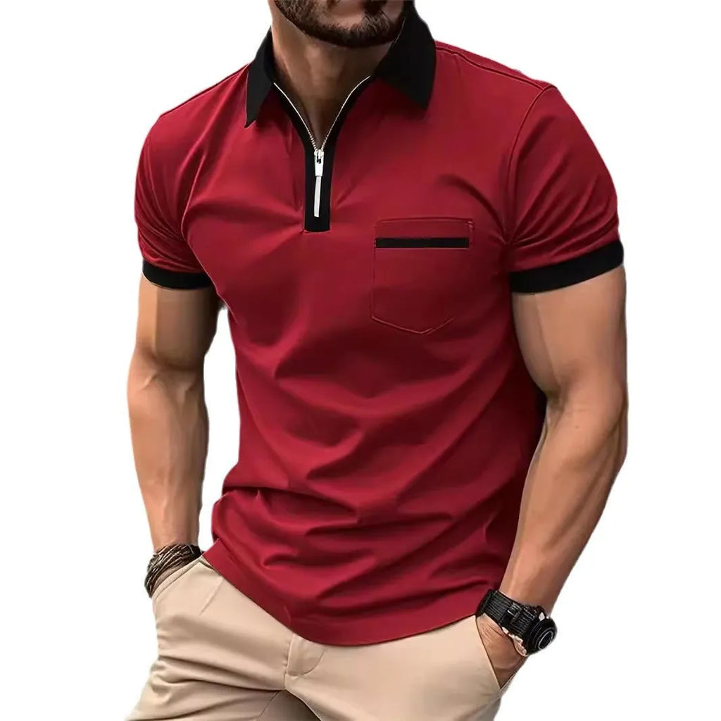 Men's loose fit casual short sleeve shirt with chest pocket and zipper decoration