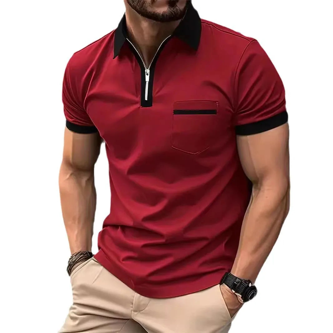 Men's loose fit casual short sleeve shirt with chest pocket and zipper decoration