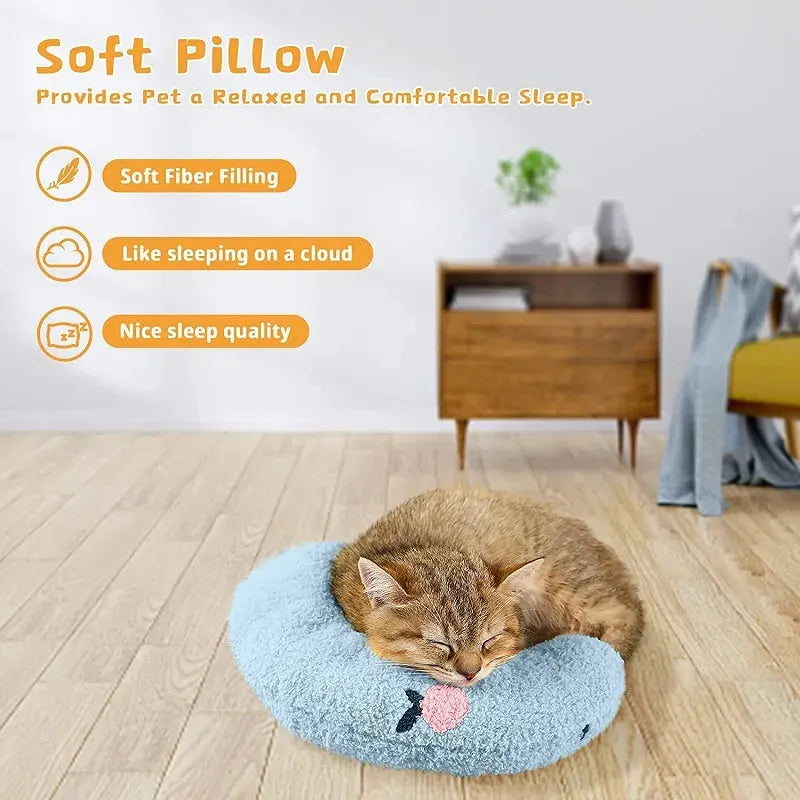 Small white half-donut shaped pet pillow with quilted faux fur for a cat or small dog.