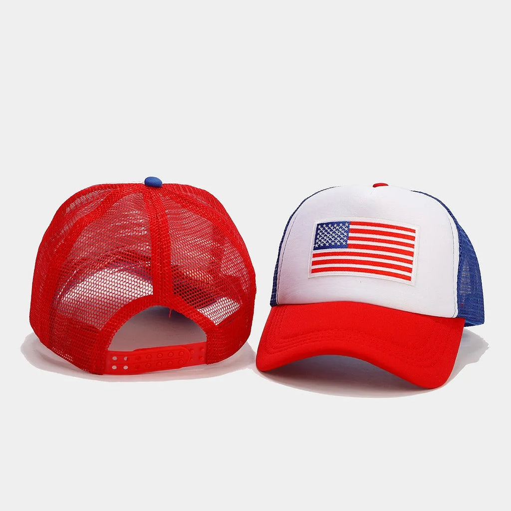Red and blue contrast colour baseball cap with mesh fabric and adjustable strap