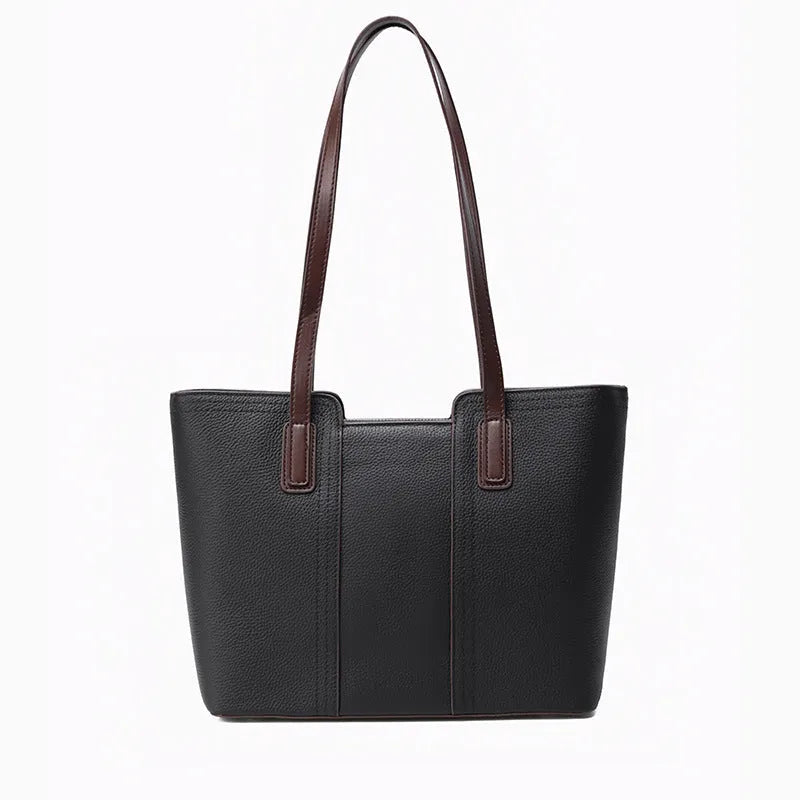 Genuine leather women's large shoulder bag in box-type design with sandwich pocket.