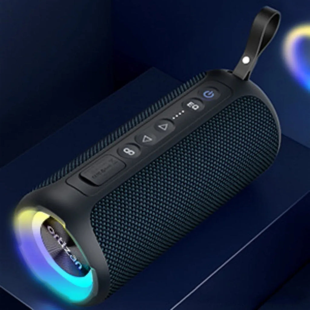 Black and blue fabric wireless Bluetooth speaker with LED lighting and control buttons