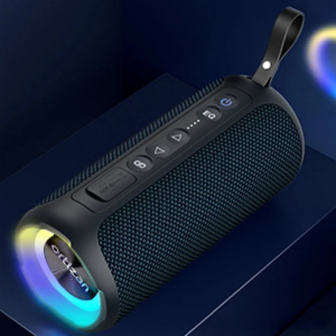Black and blue fabric wireless Bluetooth speaker with LED lighting and control buttons
