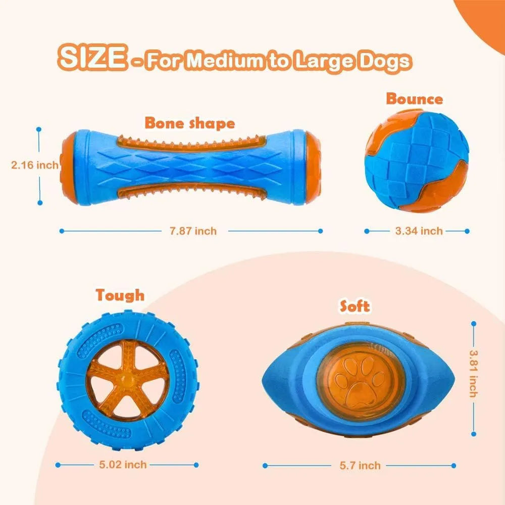 Set of three TPR dog toys: a squeaky ball, barbell, and tyre for floating fetch play.