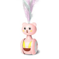 Interactive cat tumbler toy with rotating feather wand and ball attachments in pink and blue colour options