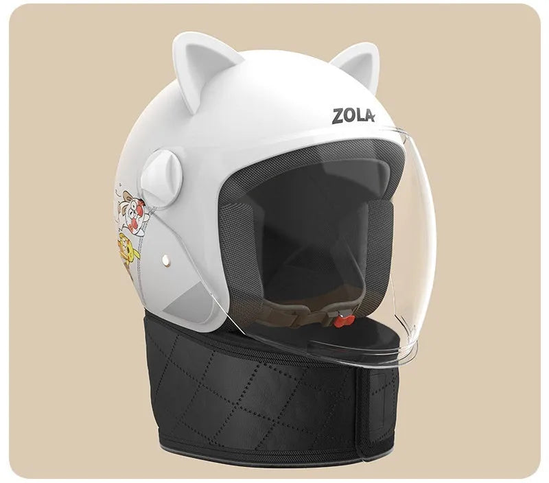 Winter electric bike helmet with anti-fog visor shown in blue colour with attached ear covers.
