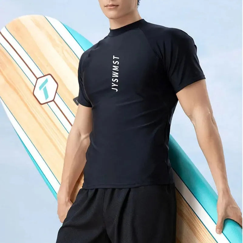 Men's plus size polyester swimsuit set showing top and trousers on a hanger