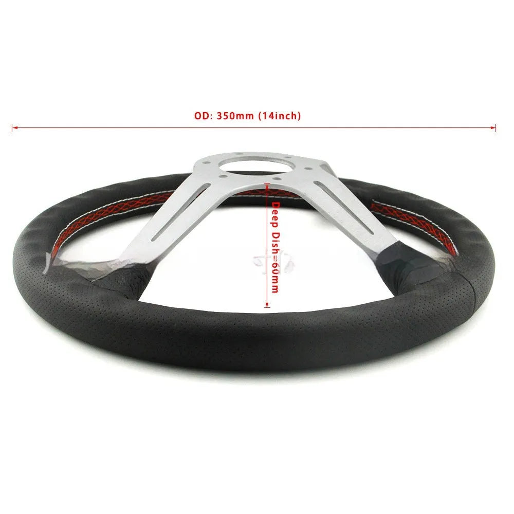 14-inch leather steering wheel with concave rim and black metal skeleton frame