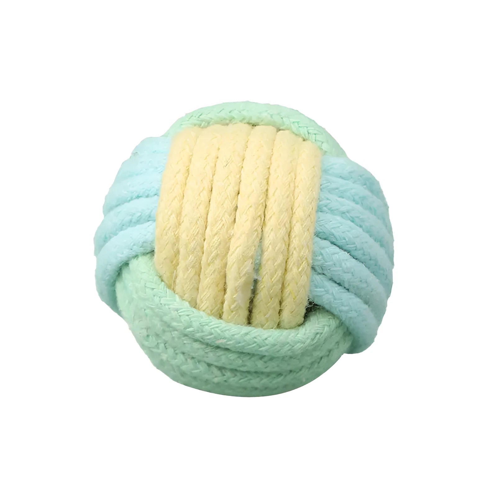 Small handmade blue and pink cotton plush ball cat toy for play and teeth grinding, shown next to a 5cm scale.