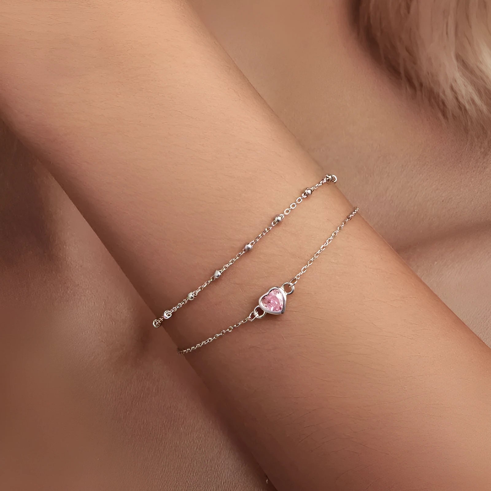 Sweet girlish heart-shaped sterling silver bracelet with a 6mm pendant on an adjustable chain