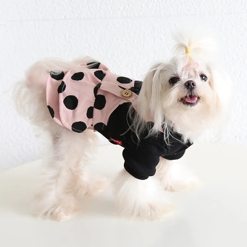 Lapel shoulder strap couple pet clothes set showing four-legged and skirt style options for dogs.