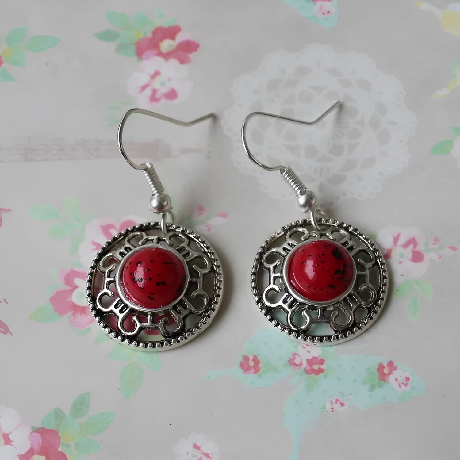 Geometric turquoise flower disk earrings in Miao silver with ethnic patterns
