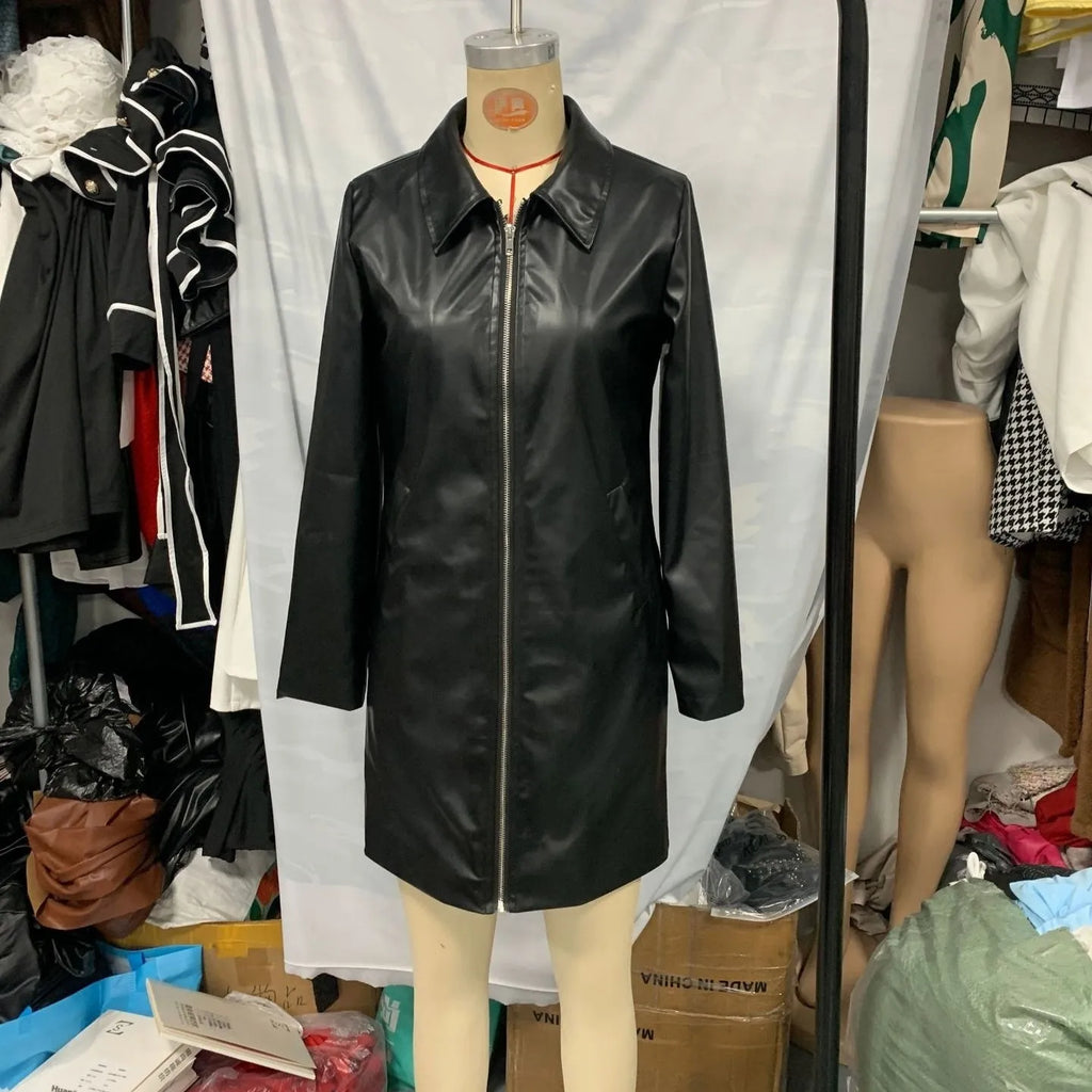 Black women's leather-style polyester jacket with medium 65cm length on a hanger.