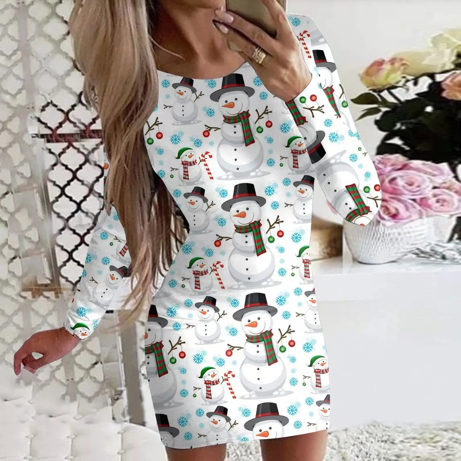 Women's Christmas printed dress with animal patterns, round neck, long sleeves in floral colours