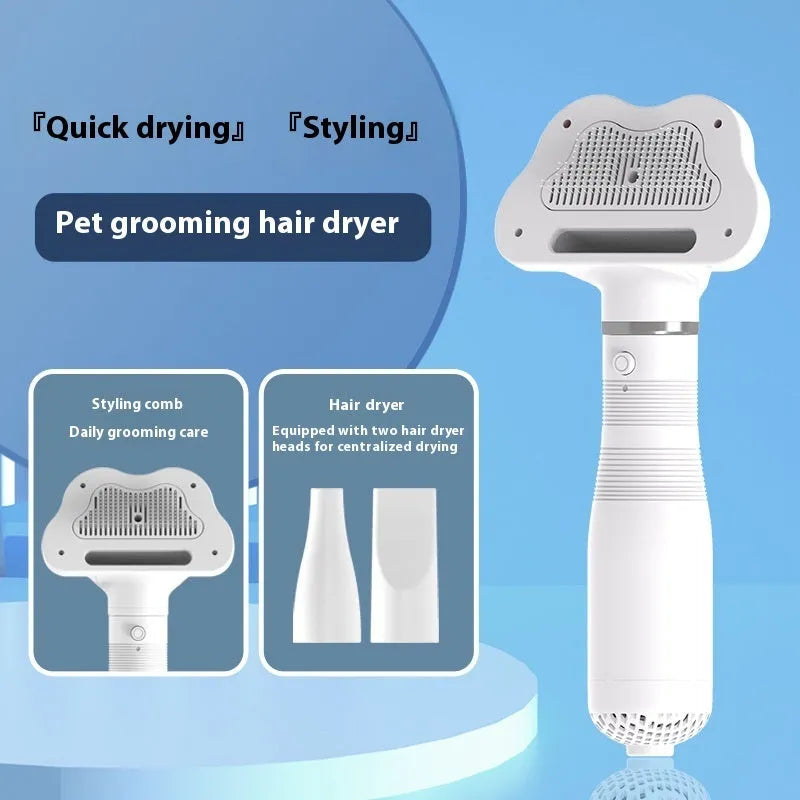 Two-in-one pet electric hot air dryer 600W with one-click hair removal comb in pink and white ABS casing