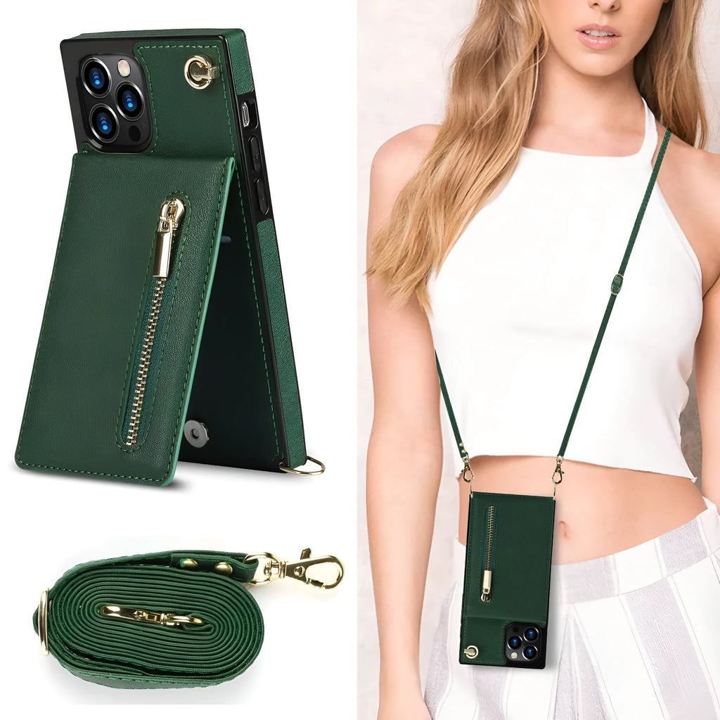 Solid colour leather and TPU mobile phone case in black, purple, green, red, or rose gold for iPhone and Samsung devices