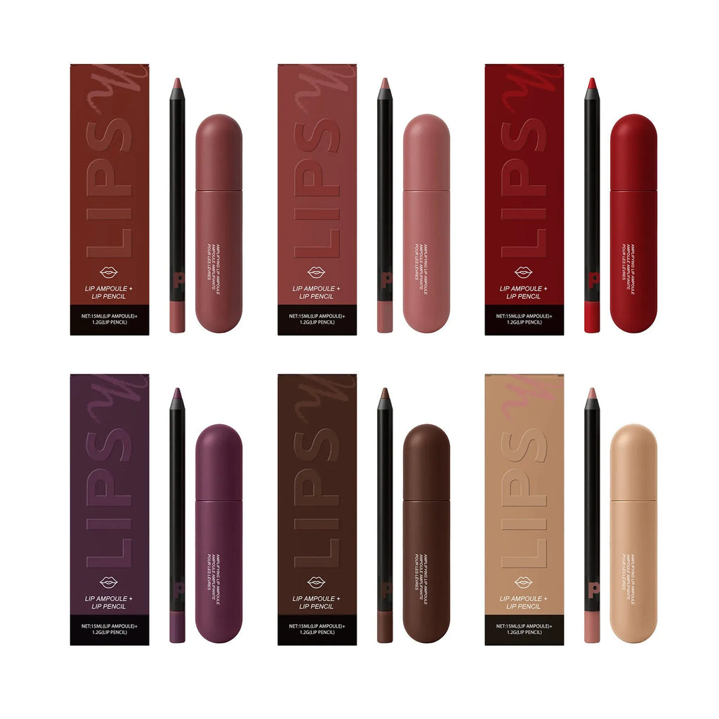 Lip gloss and lip liner duo set with 15ml lip essence and liner in six shades
