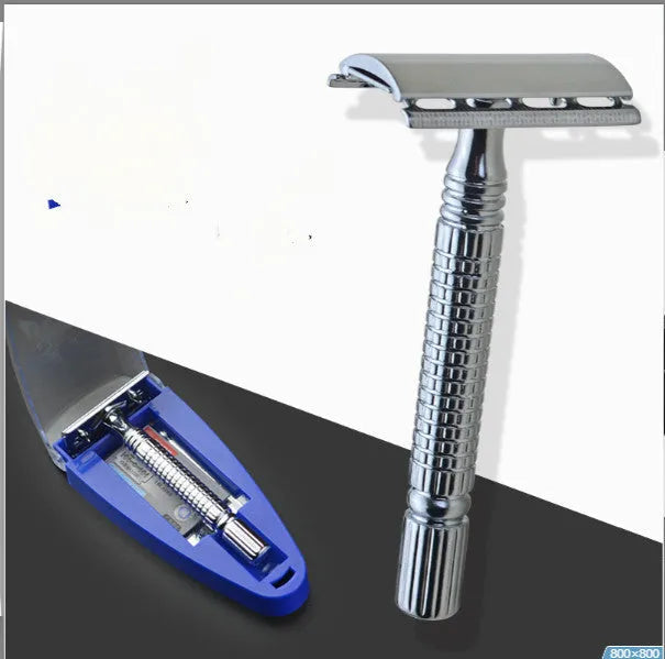 Double-edged safety razor with metal construction and storage box