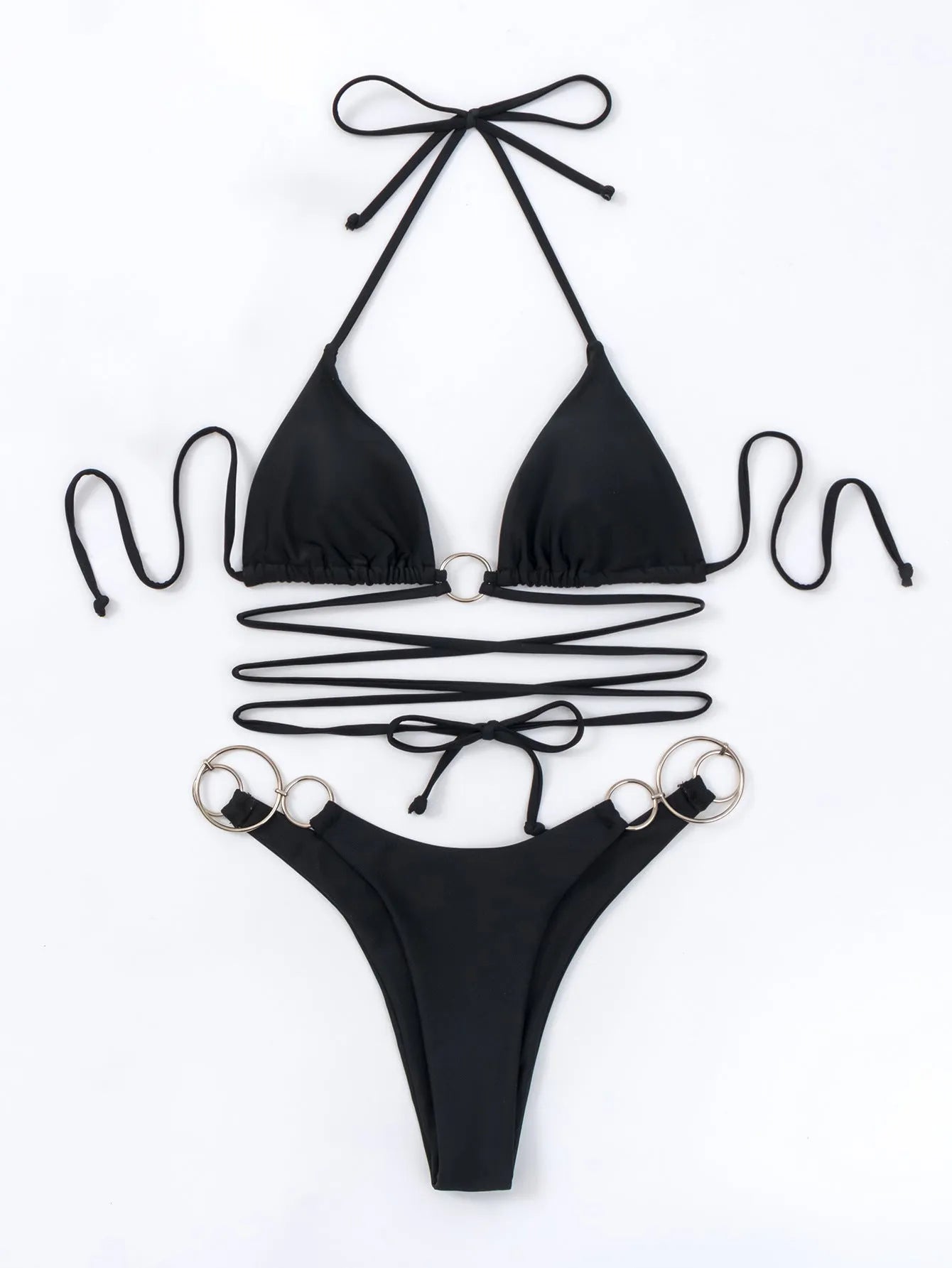 Black women's bikini set with long adjustable straps featuring metal rings, shown front and back.