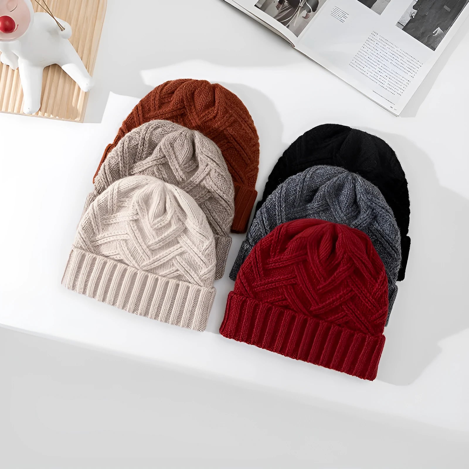 Thickened wool knitted winter hat in dome style available in ivory white khaki red brown grey and black