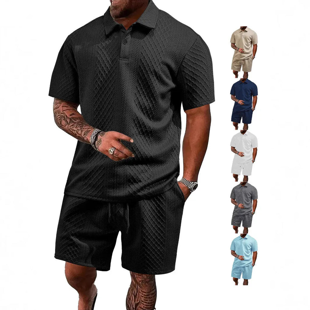 Men's figured cloth casual suit set with short sleeve polo shirt and matching trousers in multiple colour options