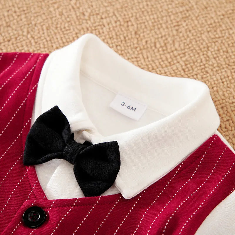 Wine red cotton baby boy romper with long sleeves and single-breasted closure in gentleman style