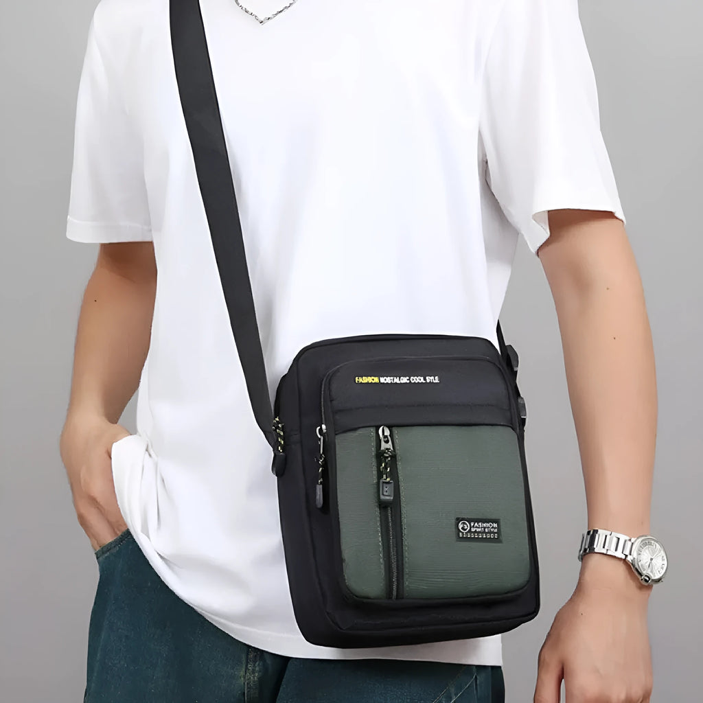 Men's casual nylon crossbody messenger bag in green, gray, black or blue with sewing thread detail