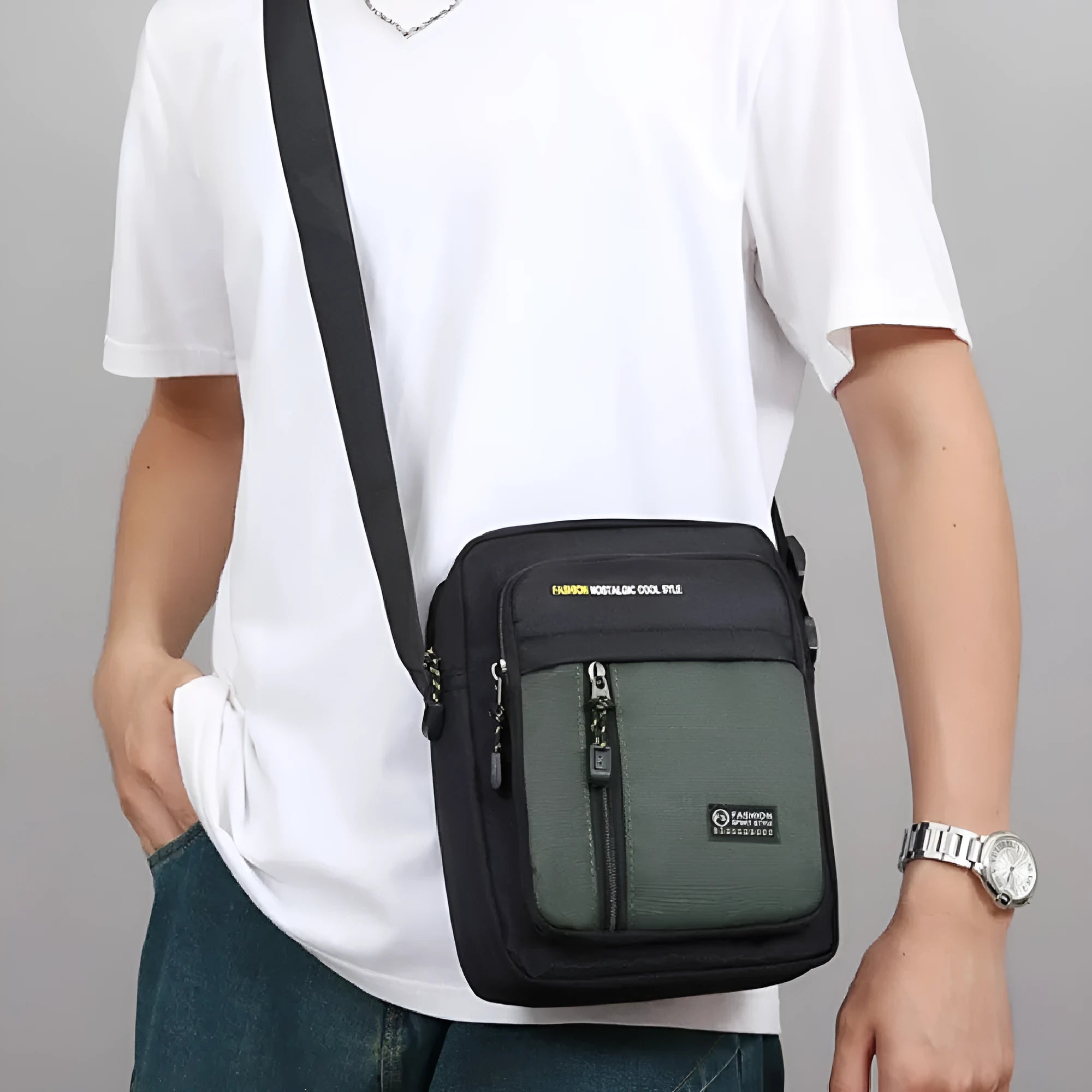 Men's casual nylon crossbody messenger bag in green, gray, black or blue with sewing thread detail