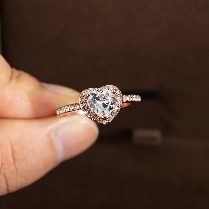 Heart-shaped women's fashion ring in rose gold or silvery white copper with electroplated Christmas style design