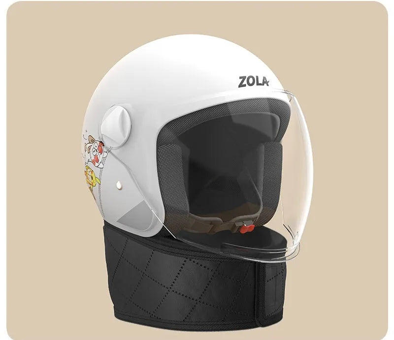 Winter electric bike helmet with anti-fog visor shown in blue colour with attached ear covers.