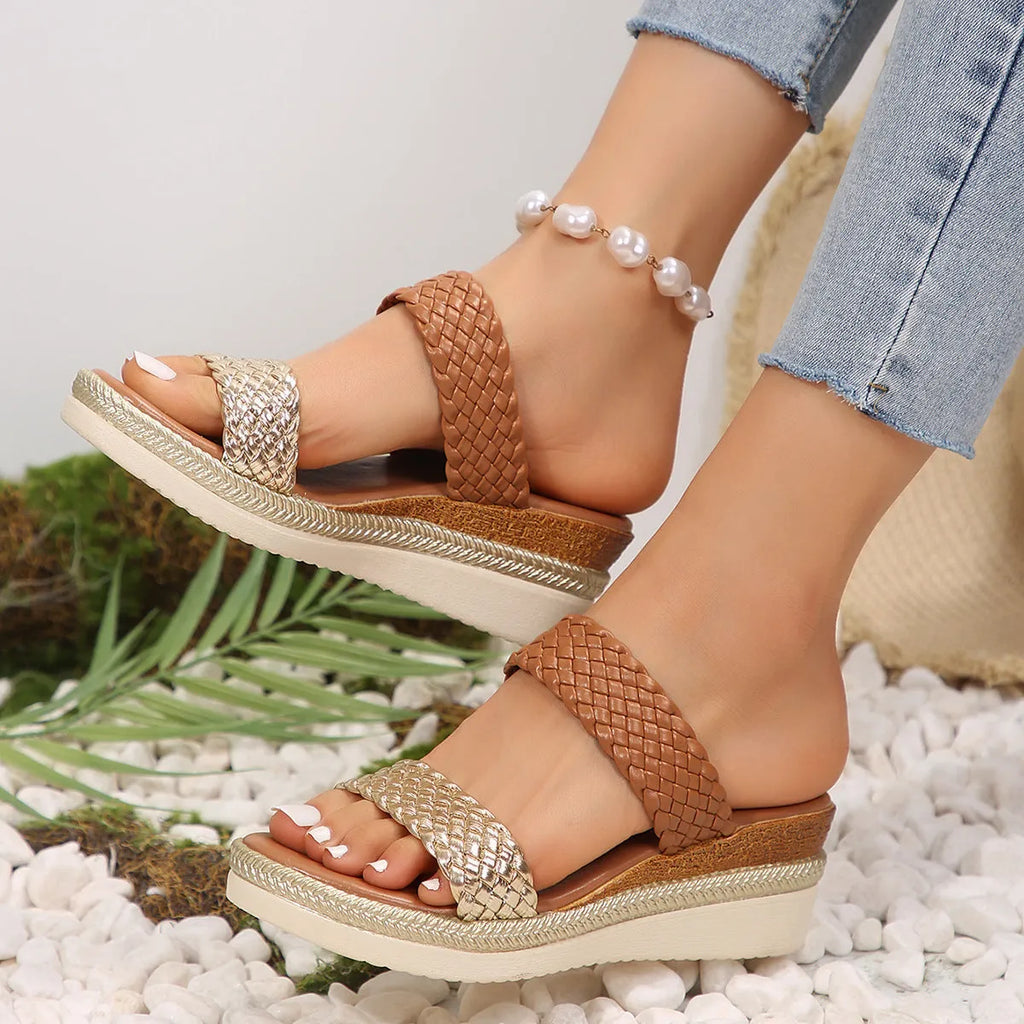 Gold and silver plus size wedge sandals for women showing PU upper and rubber sole