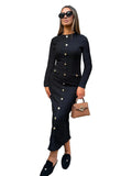 Retro slim fit knitted long-sleeved dress with one-step skirt and button detailing