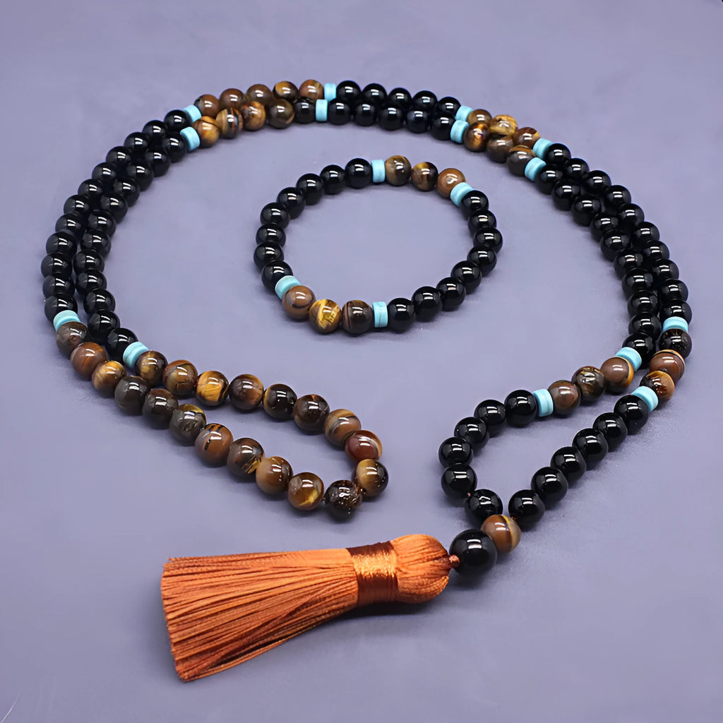 Black agate tigereye geometric stone bracelet and necklace jewellery set